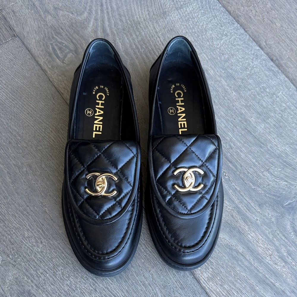 CHANEL Black Quilted Slip-On Loafers